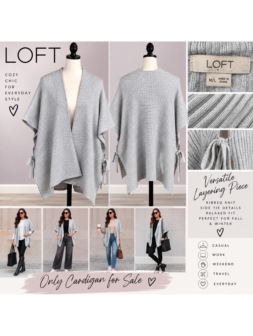 LOFT M/L Gray Ribbed Side Tie Poncho Sweater Dolman Sleeve